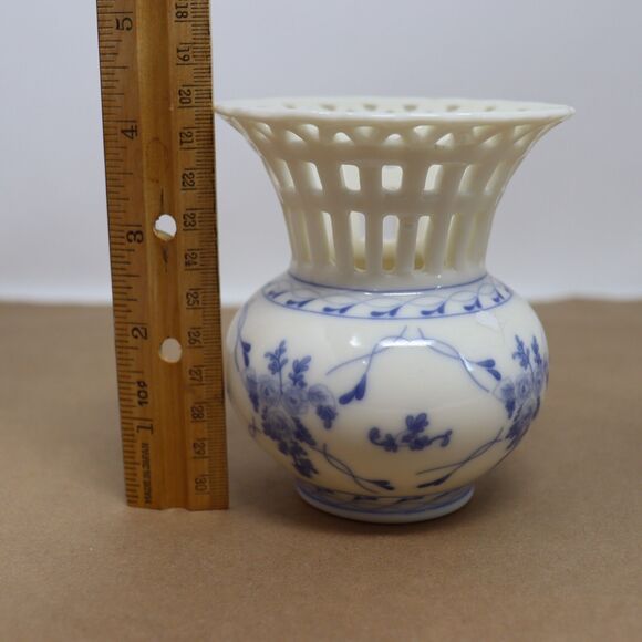 Skye McGhie Rose Brocade Porcelain Vase w Blue White Flowers 6" Tall - Picture 2 of 4